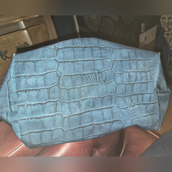 Rare Longchamp Le Pliage Ostrich Trim Nylon Croc Print Tote Blue/teal - Picture 10 of 16